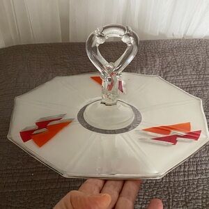 Art Deco Glass Art Deserts/Sandwichs Platter with Red, Silver and Orange